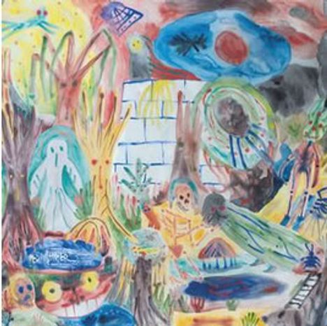 Das Bild zeigt eine farbenfrohe, abstrakte Illustration mit Geisterfigur, Bäumen, Strukturen und einem blauen Himmel.