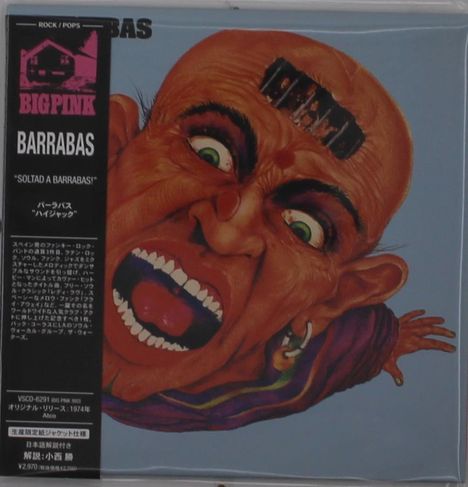 "BIGPINK", "BARRABAS", "SOLTAD A BARRABAS!". Ein wütend schreiendes, kahlköpfiges Gesicht mit offenen Augen.