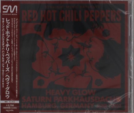 "Red Hot Chili Peppers" und "Heavy Glow Saturn Parkhausdach Hamburg, Germany June 27, 2002" in roter Schrift auf dunklem Hintergrund.