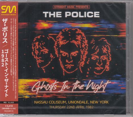 "THE POLICE", "Ghosts In the Night", "NASSAU COLISEUM", "22ND APRIL 1982". Drei Gesichter aus leuchtenden Punkten.