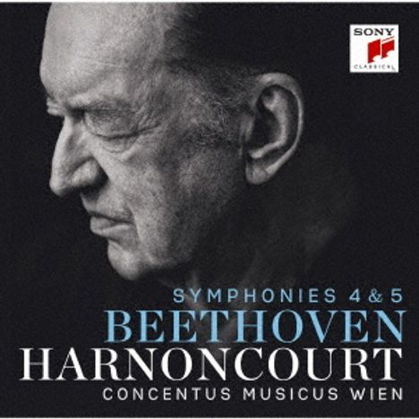 "Sony Classical"-Logo, "Symphonies 4 & 5 - Beethoven - Harnoncourt - Concentus Musicus Wien", Porträt eines älteren Mannes.