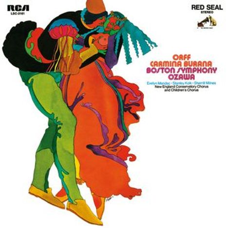 Texte: "Orff Carmina Burana Boston Symphony Ozawa".  
Illustration mit farbenfrohen, überlappenden Figuren.