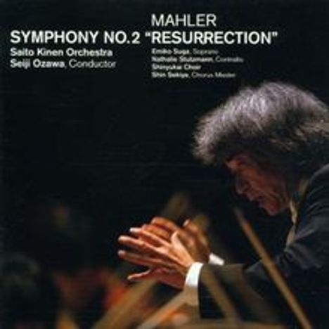 Text: Symphony No.2 "Resurrection", Mahler, Saito Kinen Orchestra, Seiji Ozawa, Conductor. Bild eines Dirigenten in Aktion.
