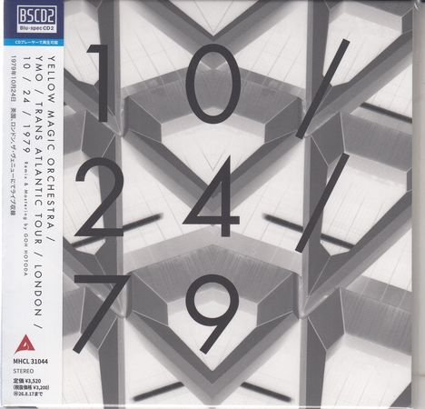 "YELLOW MAGIC ORCHESTRA / YMO / TRANS ATLANTIC TOUR / LONDON / 10/24/1979." Geometrisches Muster in Grautönen.