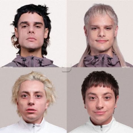 Oben steht "BEFORE" links und "AFTER" rechts. Vier Männer mit unterschiedlichen Frisuren und Gesichtsausdruck.