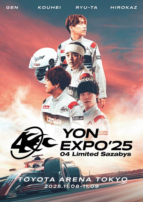 Namen oben: Gen, Kouhei, Ryu-ta, Hirokaz. Event: YON EXPO '25. Ort: Toyota Arena Tokyo, 2025.11.08–11.09. Rennfahrer in Overalls.