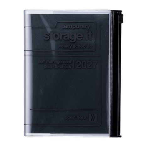 „temporary storage.it weekly schedule self management plan-do-check 2027 open here“. Schwarzes Notizbuch mit Reißverschluss.