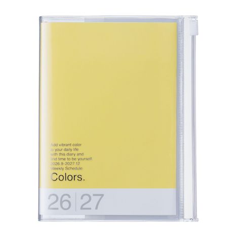 Gelbes Cover mit Text: "Add vibrant color to your daily life... Weekly Schedule 2026.9-2027.12". Unten: "Colors. 26 27".