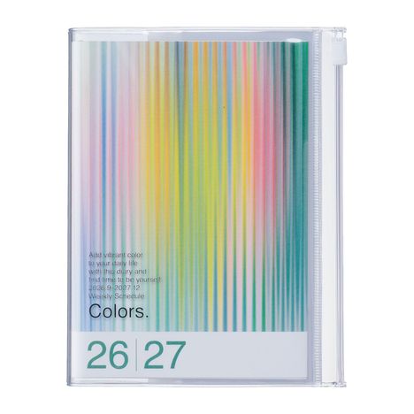 "Add vibrant color to your daily life" steht auf einem bunten, gestreiften Muster. Unten steht "26 27" in grün auf weiß.