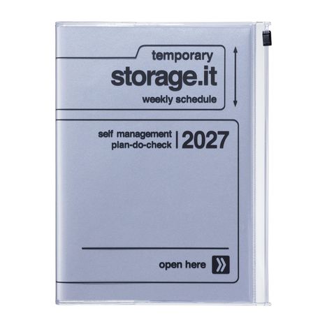 „temporary storage.it weekly schedule, self management plan-do-check | 2027, open here“ auf silbernem Hintergrund.