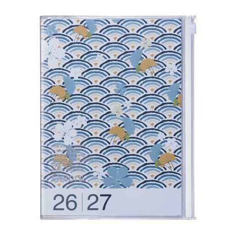 Texte: "26", "27". Illustration mit Wellenmuster in Blau und Gelb, verziert mit Blumen und Blättern.