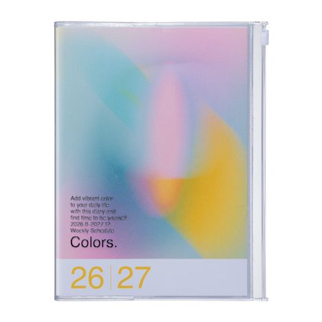 Text: „Add vibrant color... Colors. 26|27“ Weicher Farbverlauf in Pastell, überwiegend Blau, Pink und Gelb.