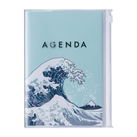 Text: "AGENDA" in schwarzer Schrift. Illustration einer großen Welle im Stil eines japanischen Holzschnitts.
