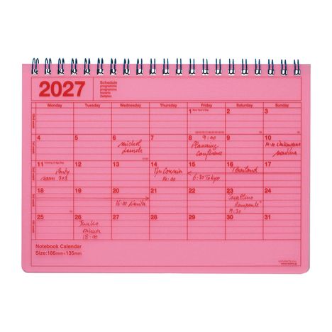Kalender 2027, Monatsübersicht mit handschriftlichen Einträgen: Meetings, Dinner, Party. Spiralbindung, pinker Hintergrund.