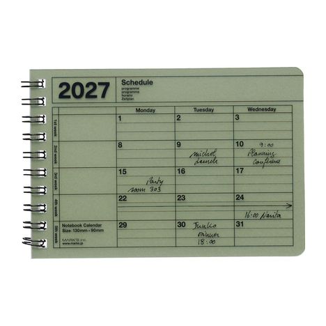 2027 Schedule, Montag bis Mittwoch. Notizen: "Michel", "Party room 303", "Junko Dinner 18:00", "16:00 Narita". Spiralbindung.