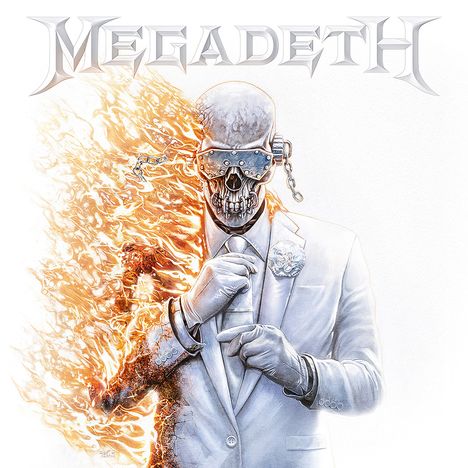 "Megadeth" steht oben. Ein Skelett in einem weißen Anzug brennt auf der linken Seite. Es trägt eine futuristische Brille.