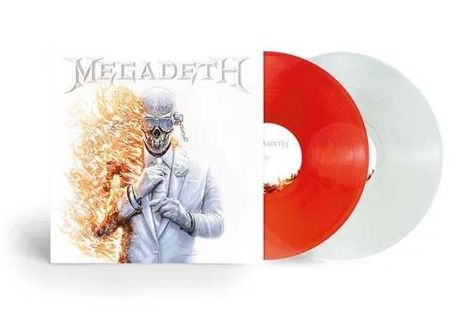 "MEGADETH" auf einem Albumcover. Ein Skelett im Anzug, daneben rote und weiße Vinyl-Schallplatten.