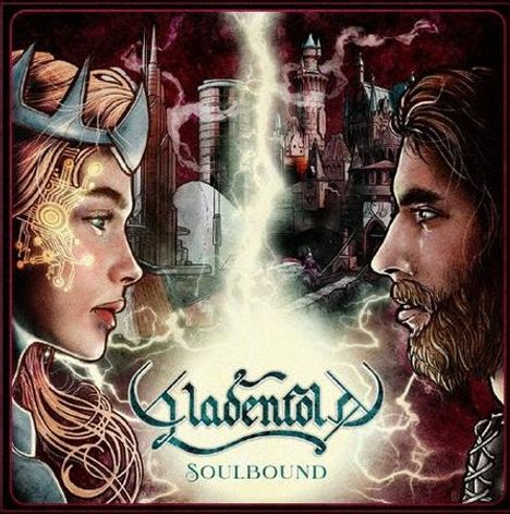 "Gladenfold Soulbound" steht über einem bildlich dargestellten Mann und einer Frau, die sich in einer Fantasyszenerie gegenüberstehen.