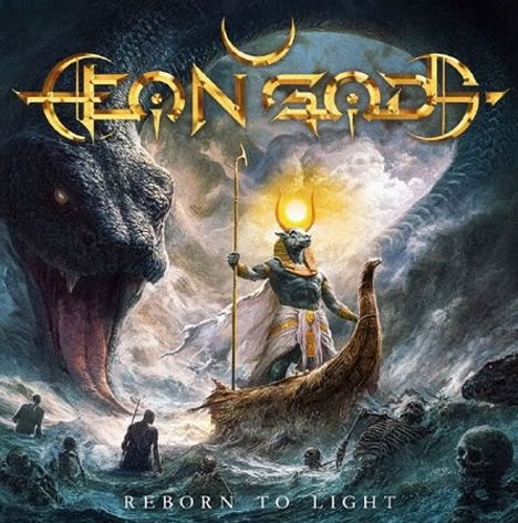 "AEON ZEN" oben, "REBORN TO LIGHT" unten. Illustration: Eine mystische Szene mit einer Figur auf einem Boot, umgeben von Wasser und Kreaturen.