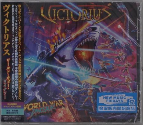 Zu sehen sind die Worte: "VICTORIUS", "NEW MUSIC FRIDAYS", "WORLD WAR DINOSAUR". Eine futuristische Kampfszene mit Dinosauriern.