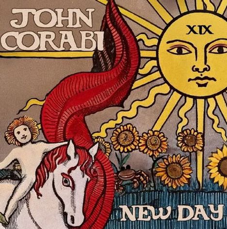 "JOHN CORABI, NEW DAY" steht in einem farbenfrohen, illustrativen Bild mit Sonne, einem Pferd und Sonnenblumen.