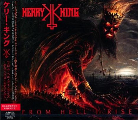 „Kerry King“, „From Hell I Rise“. Eine düstere Illustration mit einer feurigen, dämonischen Figur und Krone.