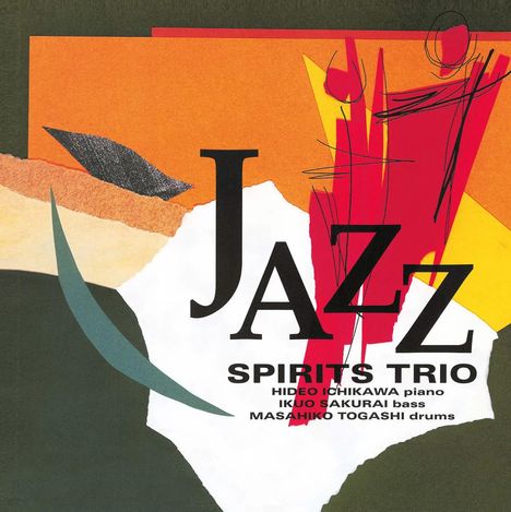 "JAZZ SPIRITS TRIO" Text in Schwarz auf buntem Hintergrund; abstrakte Formen und Figuren in Rot, Orange und Gelb.