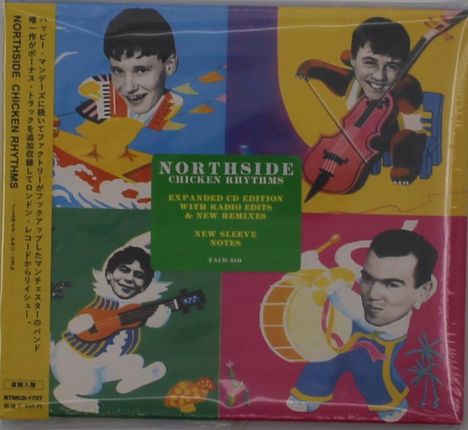 Das Bild zeigt ein Albumcover mit dem Text "NORTHSIDE CHICKEN RHYTHMS", Gesichtern auf Spielzeugkörpern und bunten Formen.