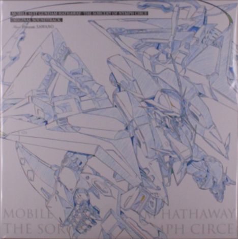 Text oben: "Mobile Suit Gundam Hathaway". Unten: "Mobile Suit Gundam Hathaway the song by Hiroyuki Sawano". Illustration eines Mechas.