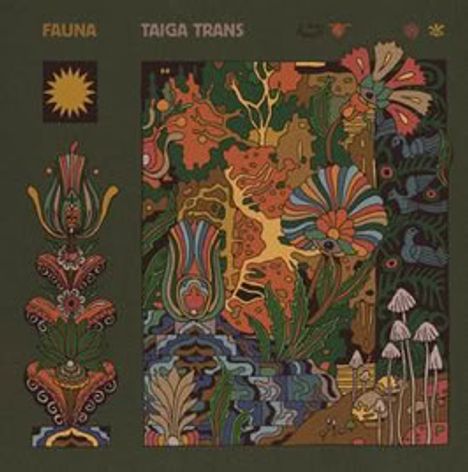 "FAUNA" und "TAIGA TRANS" stehen oben. Farbenfrohe Illustration mit Pflanzen, Blumen, Pilzen und stilisierten Mustern.