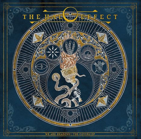 Der Text oben lautet "THE HALO EFFECT". Unten steht "WE ARE SHADOWS | THE COVERS EP". Illustration mit Schlange, Hand und Symbolen.