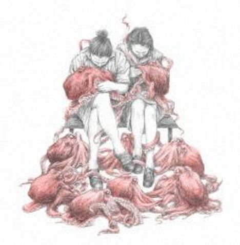 Zwei Personen sitzen und arbeiten an mehreren roten, krakenähnlichen Kreaturen, die um sie herum verteilt sind.