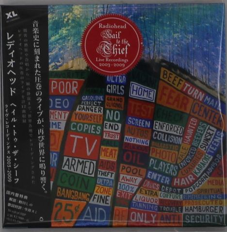 Japanische und englische Wörter in bunten Blöcken; oben rundes rotes Emblem „Radiohead, Hail to the Thief, Live Recordings 2003-2009“.