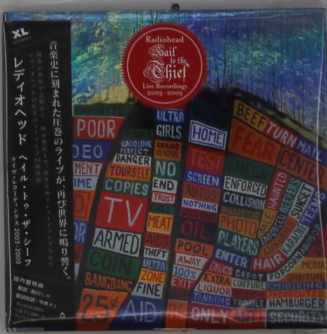 „Radiohead Hail to the Thief Live Recordings 2003-2009“ in einer roten Plakette auf bunter Grafik mit Wörterblöcken.