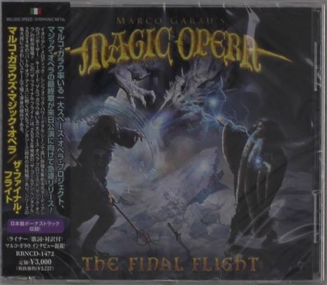 Der Text lautet "Magic Opera - The Final Flight". Zwei Zauberer in einer eisigen Landschaft kämpfen vor einem Drachen.
