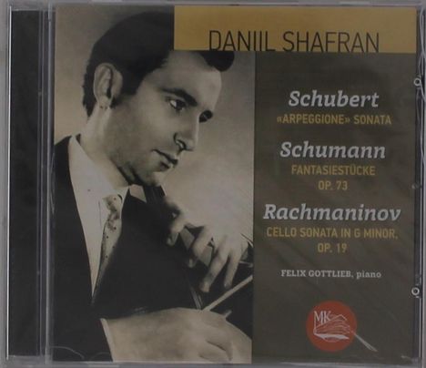 Text: DANIIL SHAFRAN, Schubert, Schumann, Rachmaninov.  
Illustration eines Mannes mit Cello im Hintergrund.
