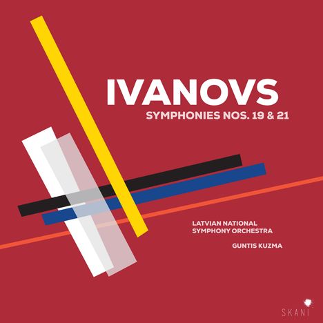 „IVANOVS Symphonies Nos. 19 & 21“. Illustration: Bunte, sich kreuzende Balken auf rotem Hintergrund.