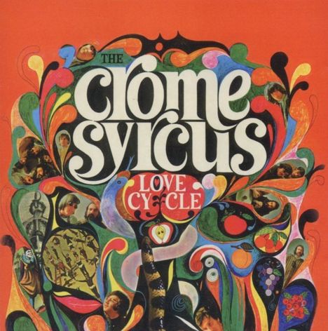 "The Crome Syrcus", "Love Cycle". Buntes, psychedelisches Design mit Gesichtern und geschwungenen Formen auf rotem Hintergrund.