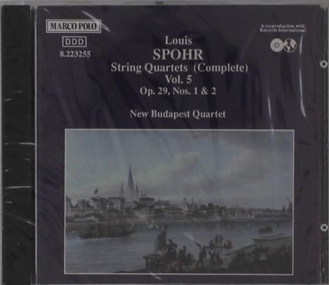 CD-Cover mit Text: "Louis Spohr, String Quartets (Complete) Vol. 5, Op. 29, Nos. 1 & 2, New Budapest Quartet". Darunter ein Stadtbild.