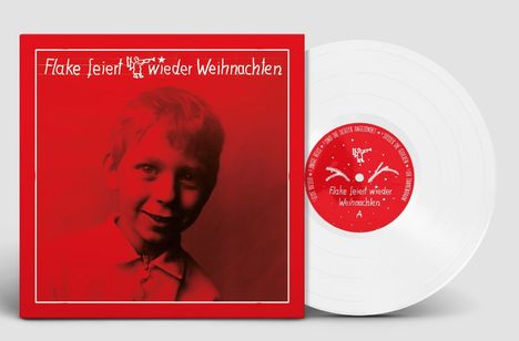 Text: "Flake feiert wieder Weihnachten". Links ein Kind in Rot, rechts eine Illustration mit schwebender Figur auf rotem Hintergrund.