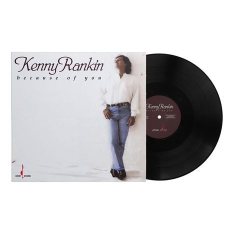 Plattencover mit Text "Kenny Rankin" und "because of you". Zeigt eine Person in weißem Hemd und blauen Jeans.