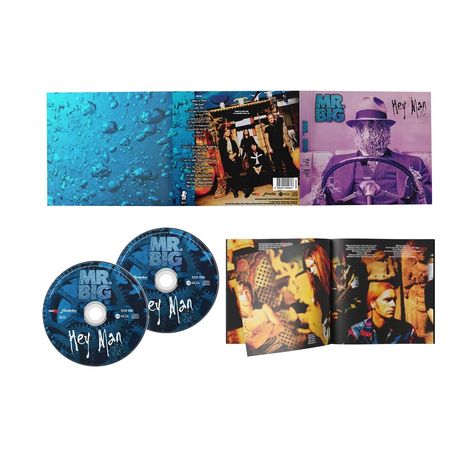 Zwei CDs, vorne "MR. BIG" und "Hey Man" in blauer Schrift. Enthält Bilder von Musikern und ein Wassertröpfchen-Muster.
