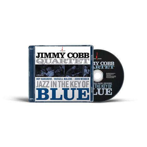 Text: "JIMMY COBB QUARTET", "JAZZ IN THE KEY OF BLUE". CD-Hülle mit Musikerbildern, Scheibe daneben.