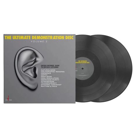 „THE ULTIMATE DEMONSTRATION DISC VOLUME 2“. Große Ohr-Illustration, Text: „CHESKY RECORDS' GUIDE TO CRITICAL LISTENING“ mit 10 Kriterien.