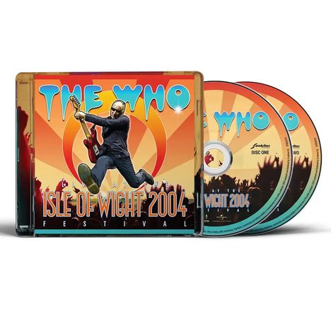 "The Who Isle of Wight 2004" steht in großer, bunter Schrift. Ein Gitarrist springt vor einem Publikum.