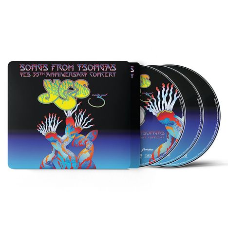 "Songs from Tsongas Yes 35th Anniversary Concert." Bunte Grafik mit abstrakten Formen, darunter Palmenartige Figuren.