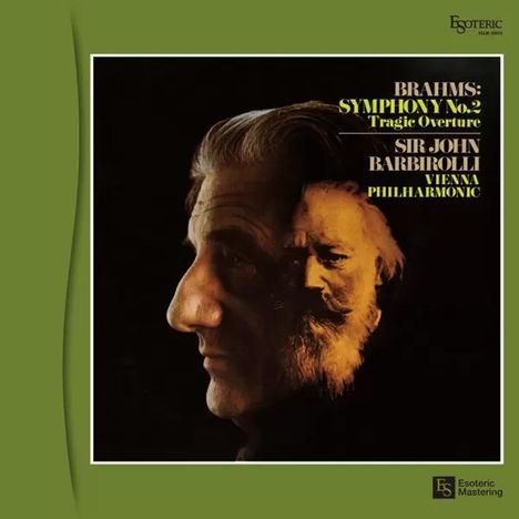 "BRAMS: SYMPHONY No.2 Tragic Overture, SIR JOHN BARBIROLLI, VIENNA PHILHARMONIC." Profilansicht eines Mannes mit Überblendung.