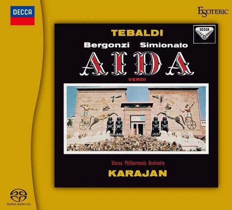 "Tebaldi, Bergonzi, Simionato, Aida Verdi, Vienna Philharmonic Orchestra, Karajan." Das Cover zeigt ein ägyptisches Tempelbild.