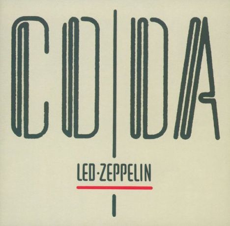 "Coda" steht in großen Buchstaben, darunter "Led Zeppelin" mit roter Unterstreichung, minimalistisches Coverdesign.