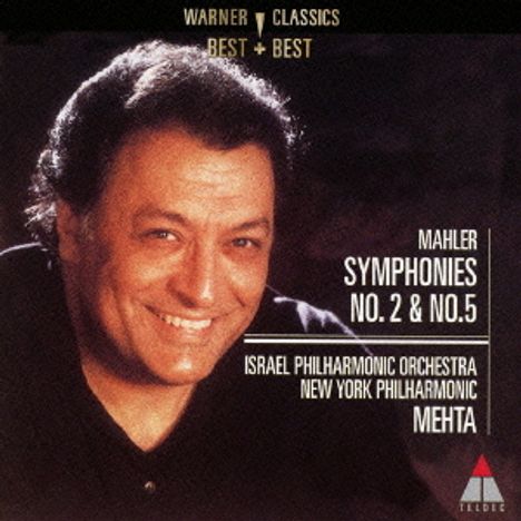 Text: Warner Classics Best + Best, Mahler Symphonies No. 2 & No. 5, Israel Philharmonic Orchestra, New York Philharmonic, Mehta. Ein lächelnder Mann im Vordergrund.
